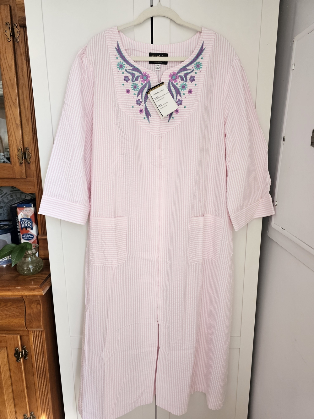 Vintage Bob Mackie Wearable Art Seersucker House Dress Zip Front Embroidered 2X